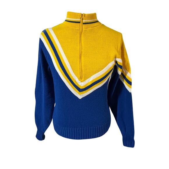 Vintage 70s Collegiate Cheerleader Sweater USA - Blue/Gold Zip Mock Neck - S/M - Picture 2 of 6